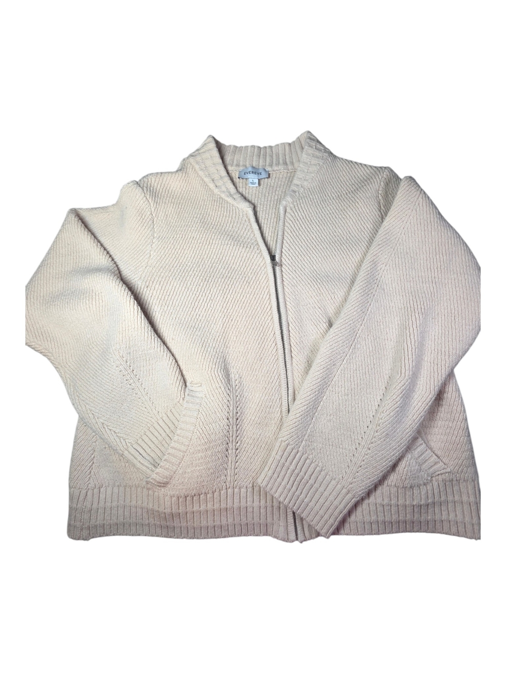 EVEREVE Cream Ribbed Knit Full Zip Cardigan Sweater Jacket EUC L